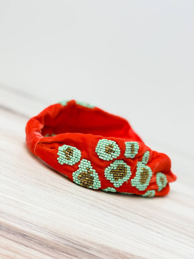 Prep Obsessed Wholesale - Leopard Beaded Velvet Headband - Coral